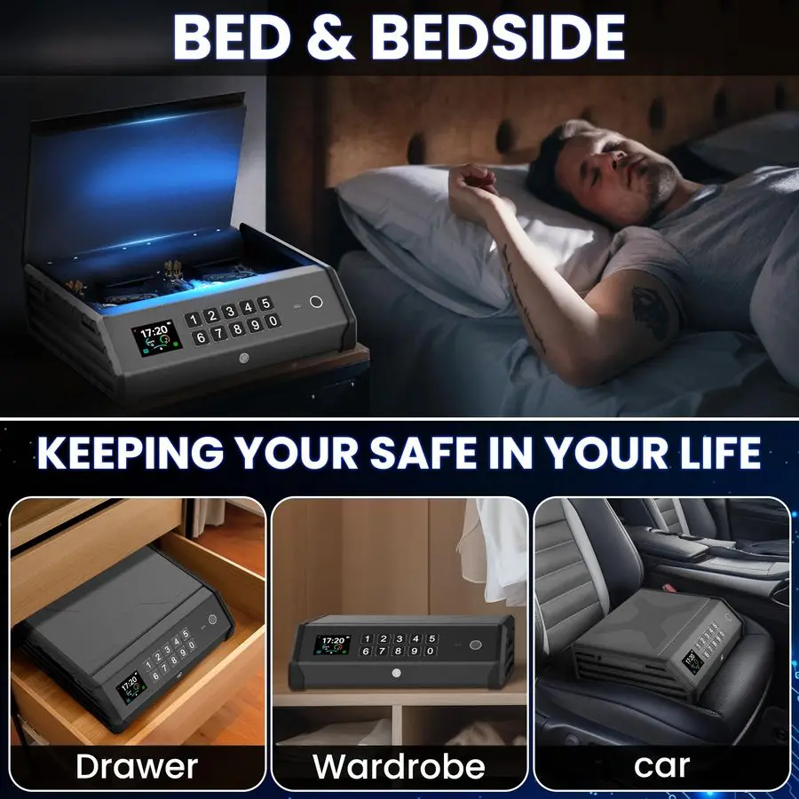 Cofre para armas, pistola biométrica de 4 maneiras, seguro recarregável com teclado de impressão digital, bloqueio de aplicativo, controle APPC, display LCD, energia de emergência