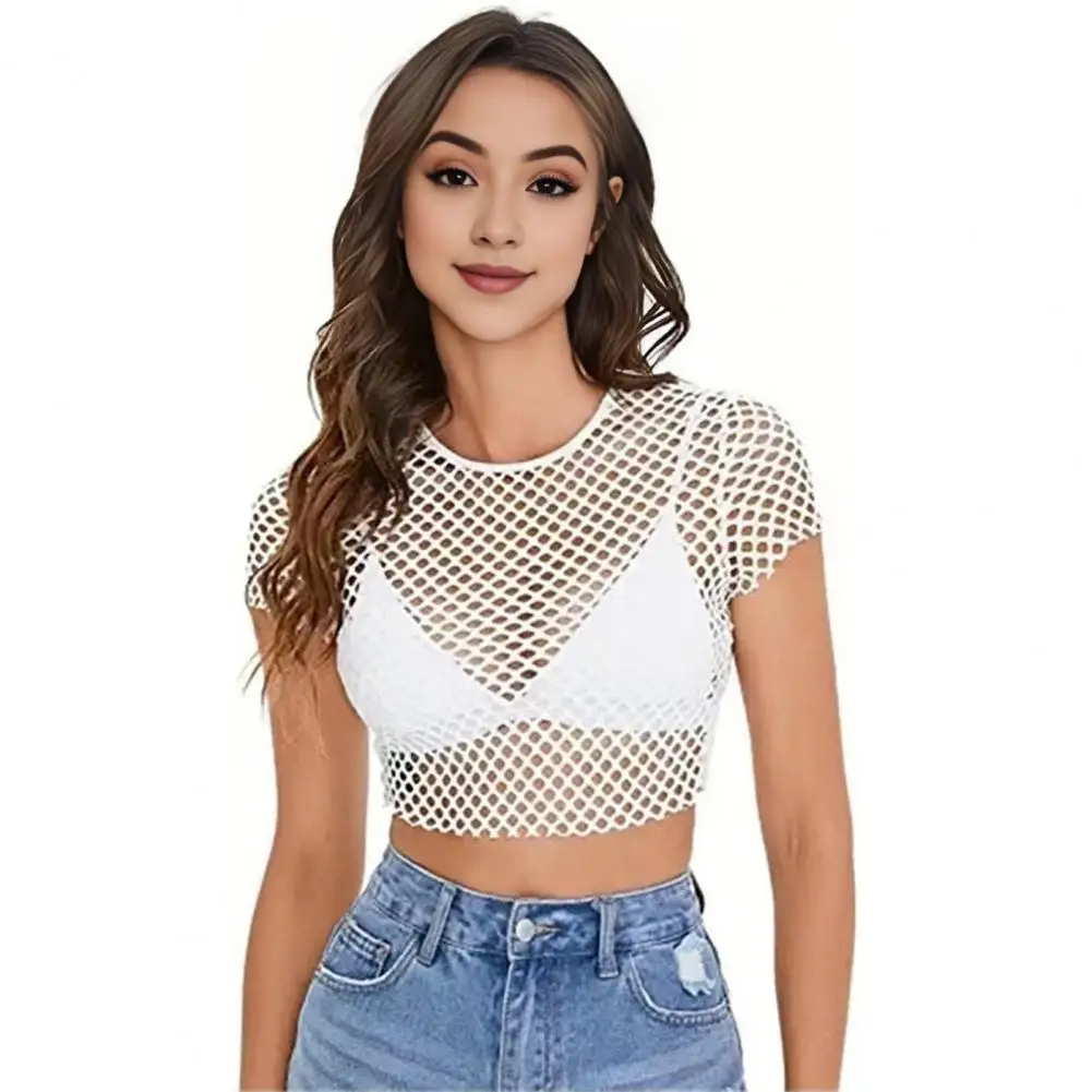 Sexy Women Blouse Sheer Mesh Crop Tops O-neck Short Sleeve Slim Solid Color Perspective Short Top Navel Exposed Tee Shirt