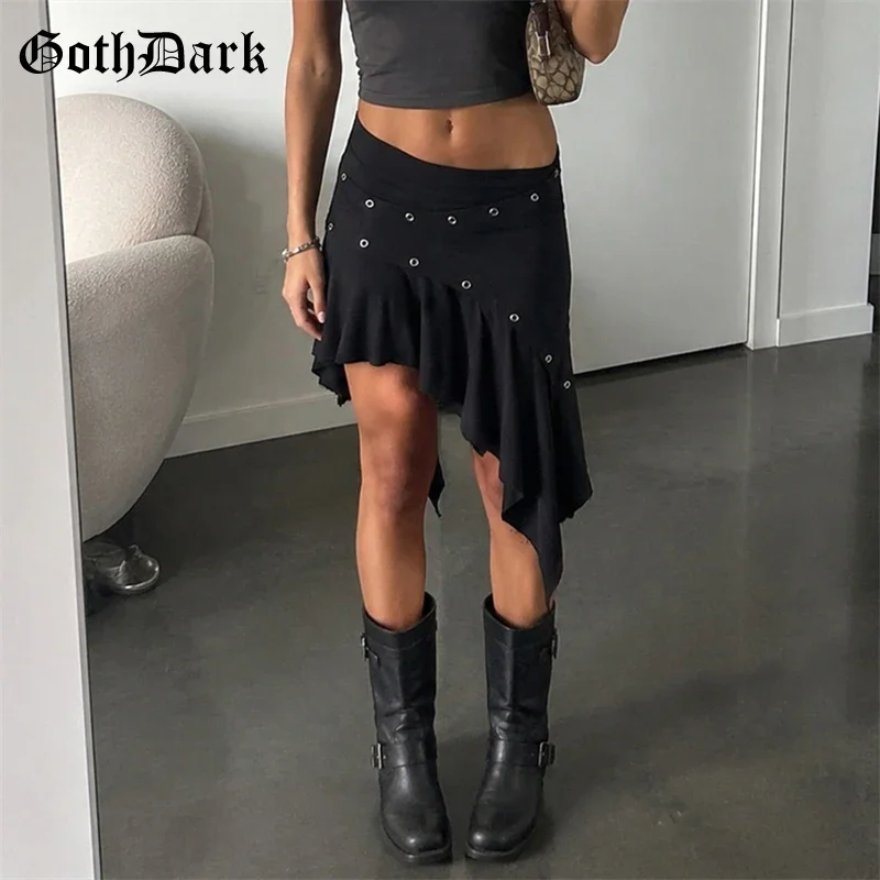 2026 New Womens Dark Gothic Y2K Punk Mini Skirt Eyelet Stud Design Asymmetric Aesthetic Edgy Alternative Short Skirt