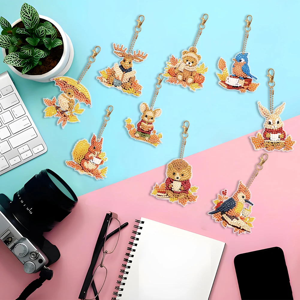 9PCS Full Drill Keyring Diamond Painting Keychain Deer Double Sided Squirrel Special Shape Bear for Birthday Home Party Decor