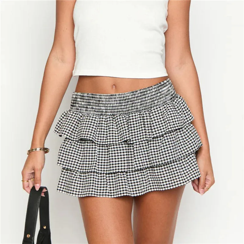 

hirigin Women Plaid Ruffle Mini Skirt Y2K Gingham Pleated Layered Short Skirt Halloween Lace Trim Checkered Skirt