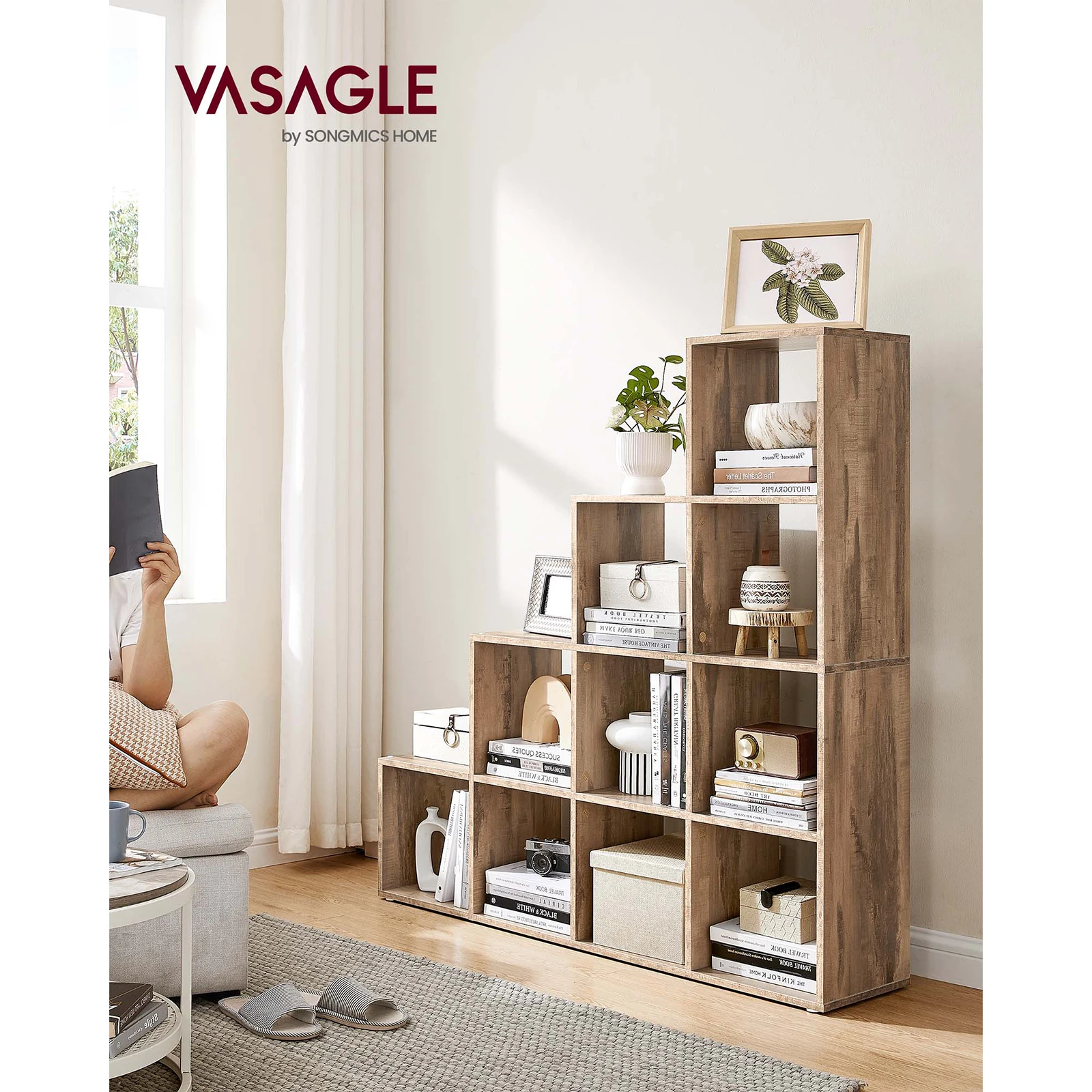 VASAGLE 10-Compartment Bookcase, Open Tiered Shelf for Decoration, Photos, Plants, Living Room, Bedroom, 29 x 129.5 x 129.5 cm