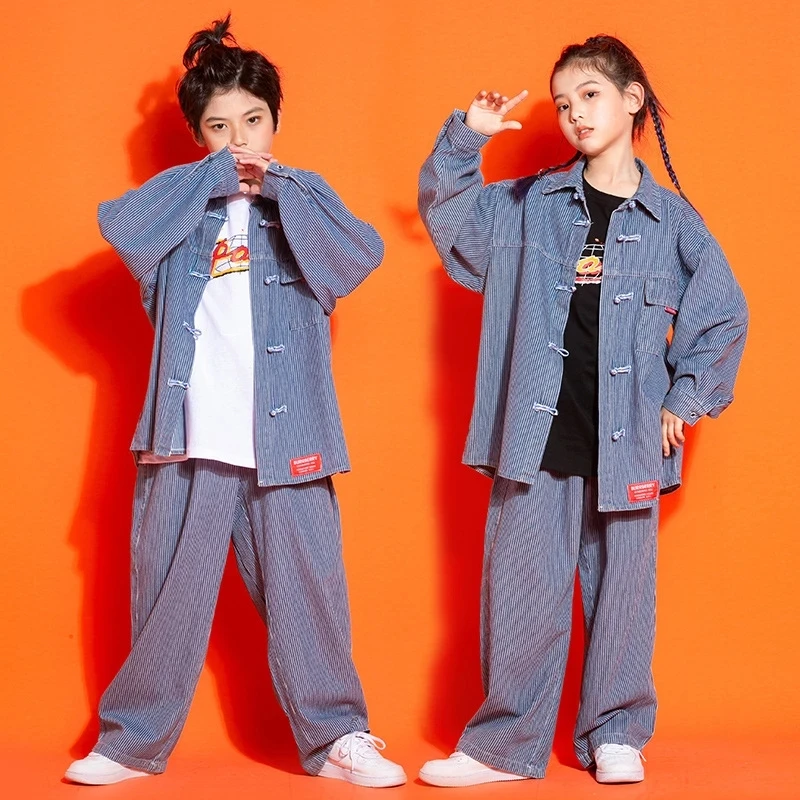 Children Suits Girls Boys Tracksuit Streetwear Hip Hop Loose Denim Stripe Long Sleeve Shirt Jeans Pant Sets Kids Dance Clothing