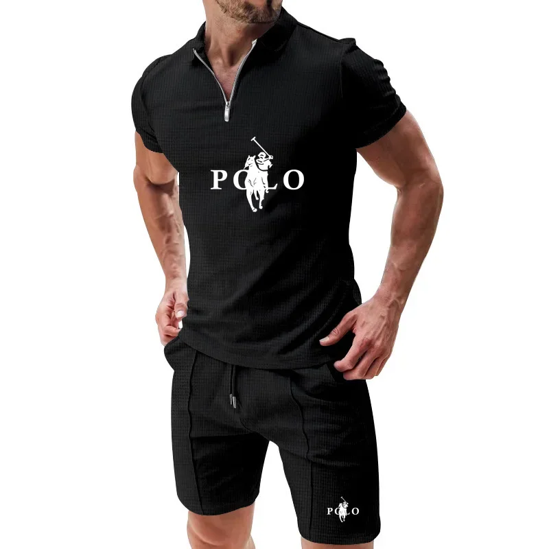 

2026 Summer Men's Sporty Casual Suit: Solid-color zipper stand-up collar short-sleeved Polo shirt + sports shorts for a comforta
