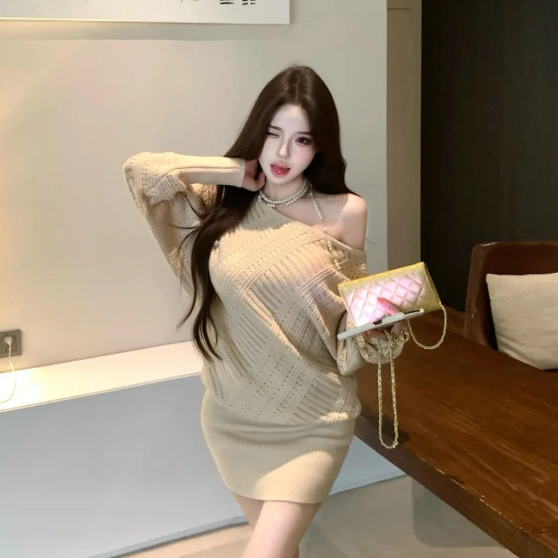 Autumn Winter New Sle Women's Knitted Dr Cowl Ne Long Sve High Waist A-Line  Dr Irregular Design Loose Fit