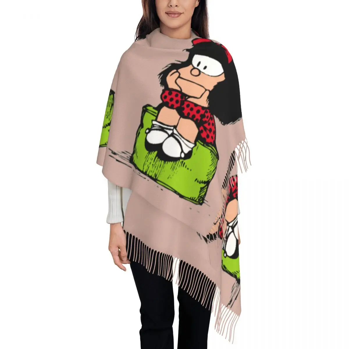 Custom Fashion Mafaldas Thinking Quino Comic Cartoon Tassel Scarf Women Winter Fall Warm Shawl Wrap Female Scarves