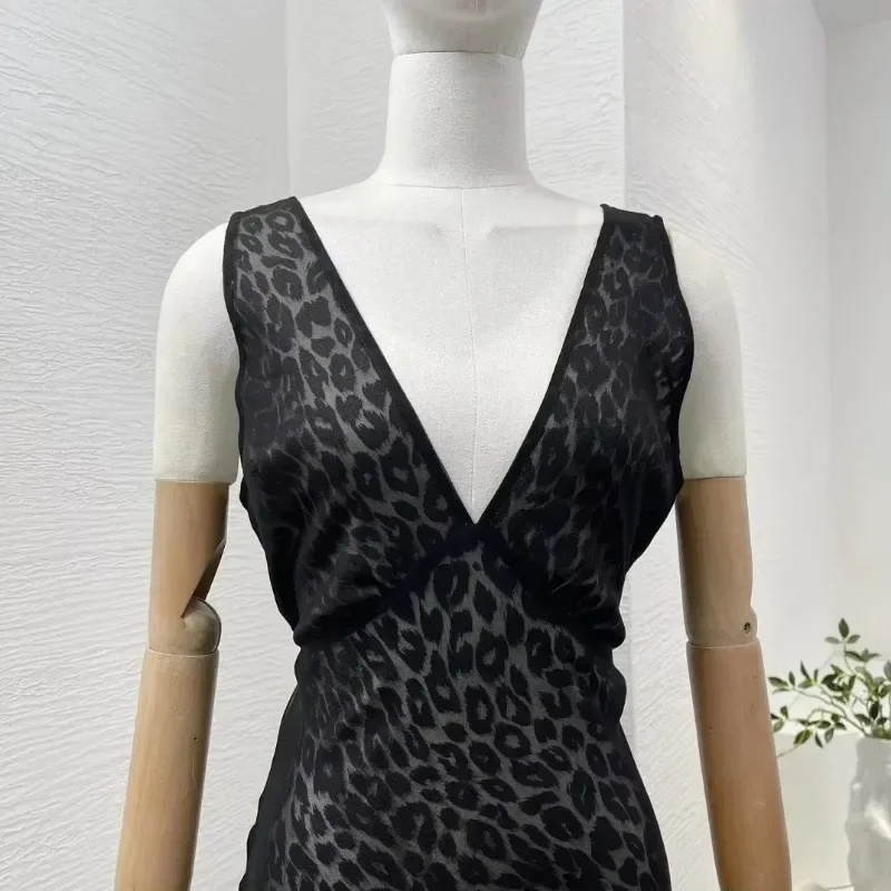 Black Leopard Print Sleeveless V-neck Midi Dress Self Tie Bow Back At Waist 2024 High Quality Silk Evening Dresses