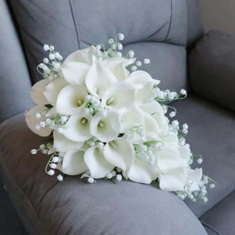 Whitney White Bridal Bouquet Wedding Collection Calla Lily Lilies of the Valley Cascading Waterfall Style Flores Para Casamento