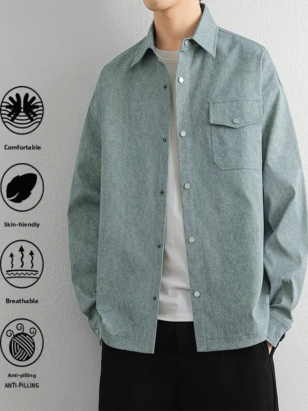 

Sli Artistic Men's Jaet Spring Autumn Flip Collar Workwear Coat Trendy Men's irt Stand Fit Water Waed Long Sve