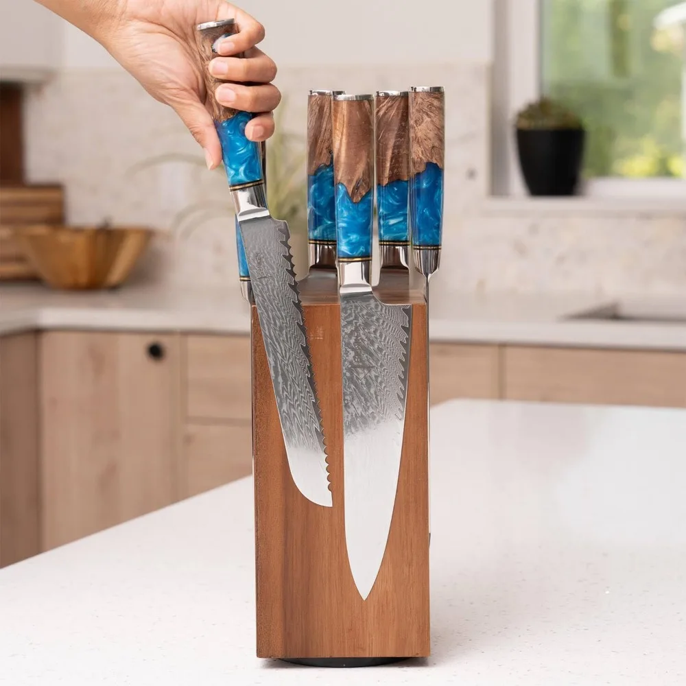 Rotating magnetic knife holder with 6 steak knife slots, hardwood -360 degree rotation, kitchen counter universal knife holder