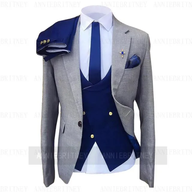 

New Latest Fashion Blue and Grey Suit High Quality Custom 3 Piece Wedding Groom Tuexdos Male Blazer Smart Casual Costume Homme