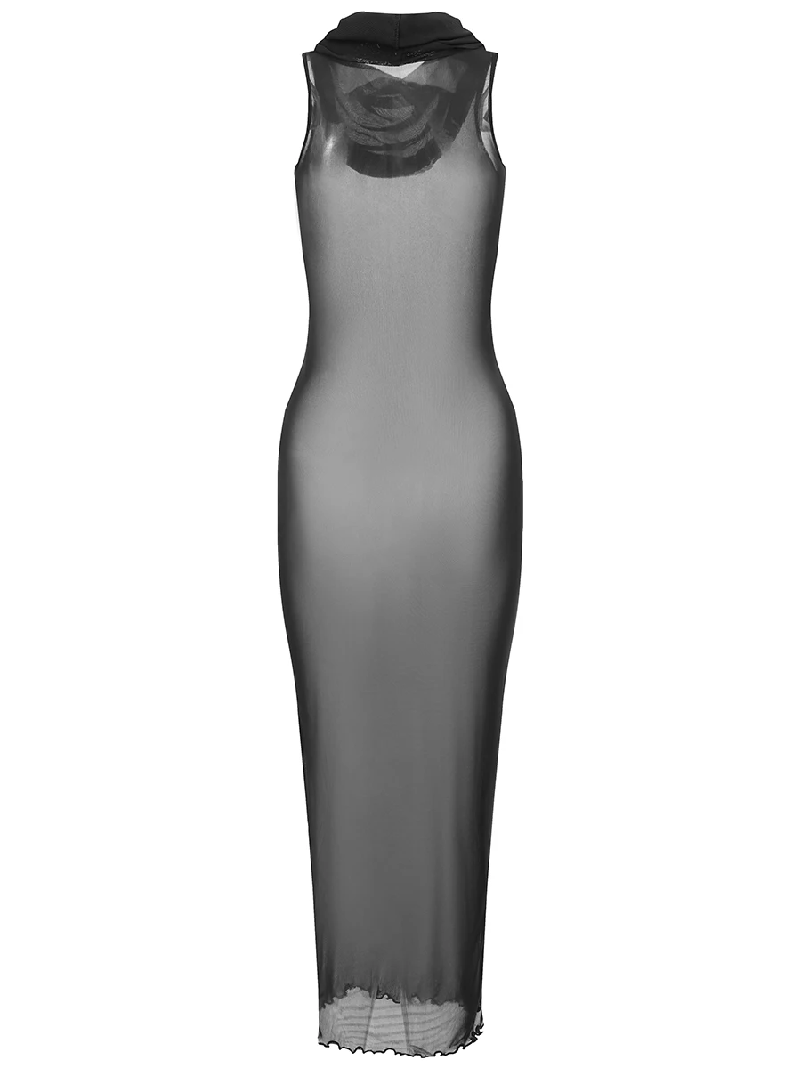 

Женская ночная рубашка Babydoll, сорочка, длинное платье, однотонная сетчатая прозрачная ночная рубашка без рукавов с капюшоном, ночная рубашка