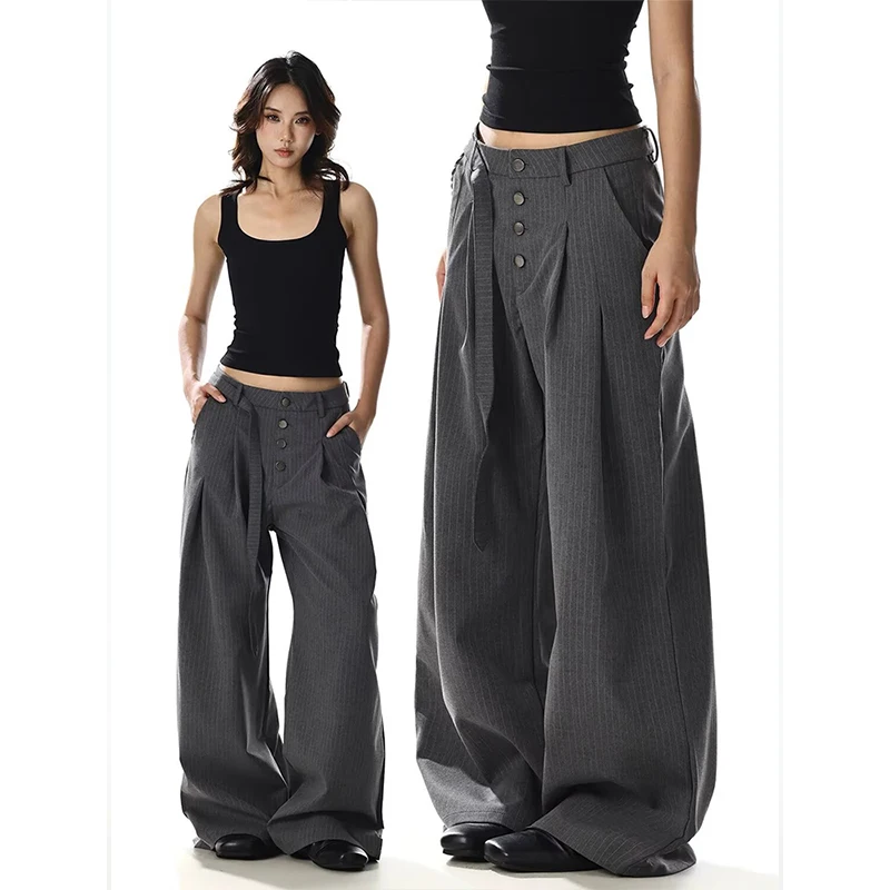 2026 Year Stripe Double Waist Button Kendo Pants Drapey Straight Cleanfit Long Trousers Couple Style Casual Fashion Leisure