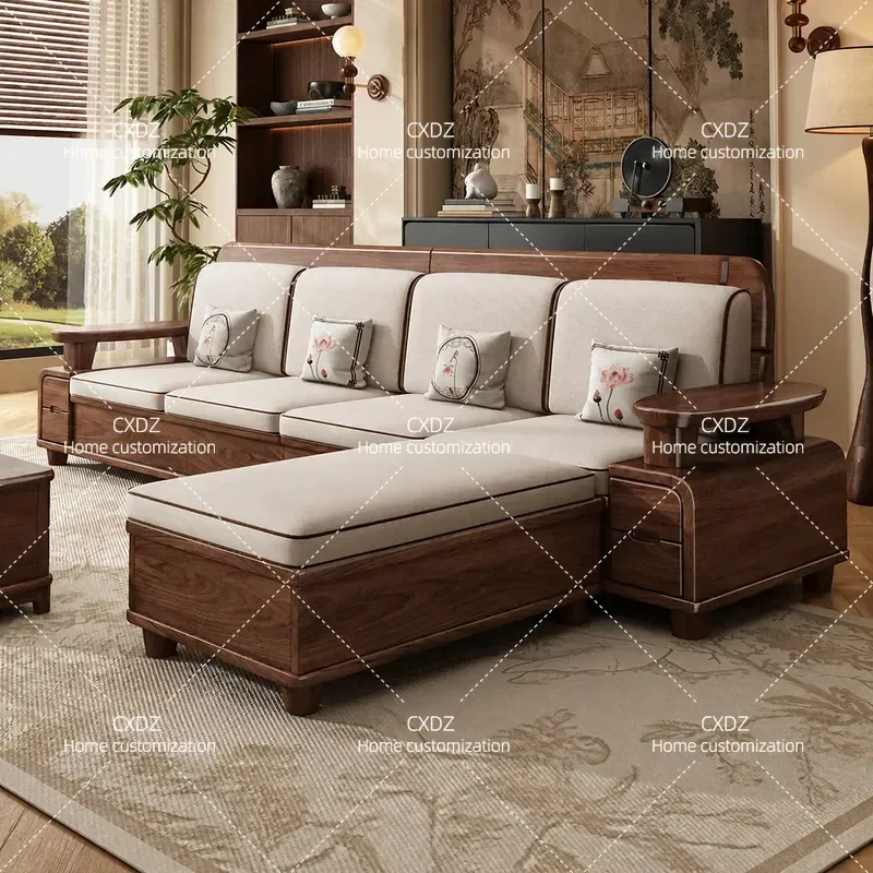 New Chinese Style Black Walnut Solid Wood Sofa Modern Simple Straight Row High Box Storage Couch for Small Apartment Living