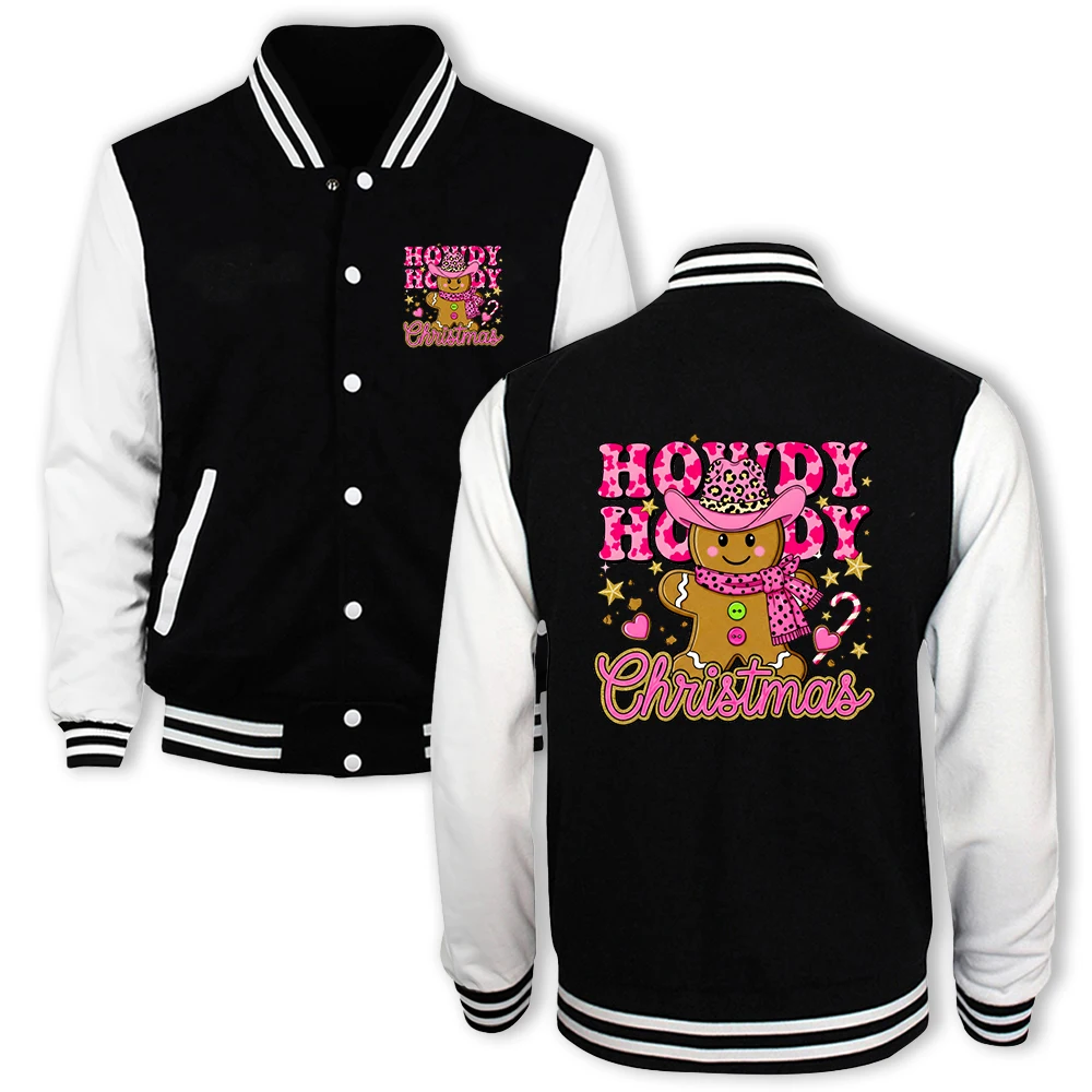 Howdy Christmas Gingerbread Man Print Baseball Jersey Pria Trendy Fleece Streetwear Kasual Longgar Lengan Panjang Unisex American Coat