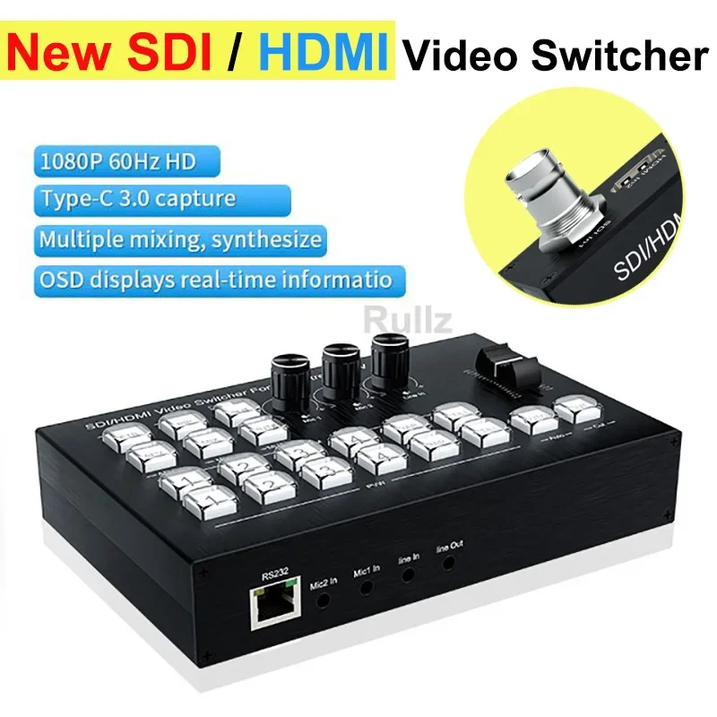 1080p60 SDI HDMI Video Switcher Multi Camera Live Streaming Station seamless switch Video Capture Mic Line in Out Audio Mix PIP