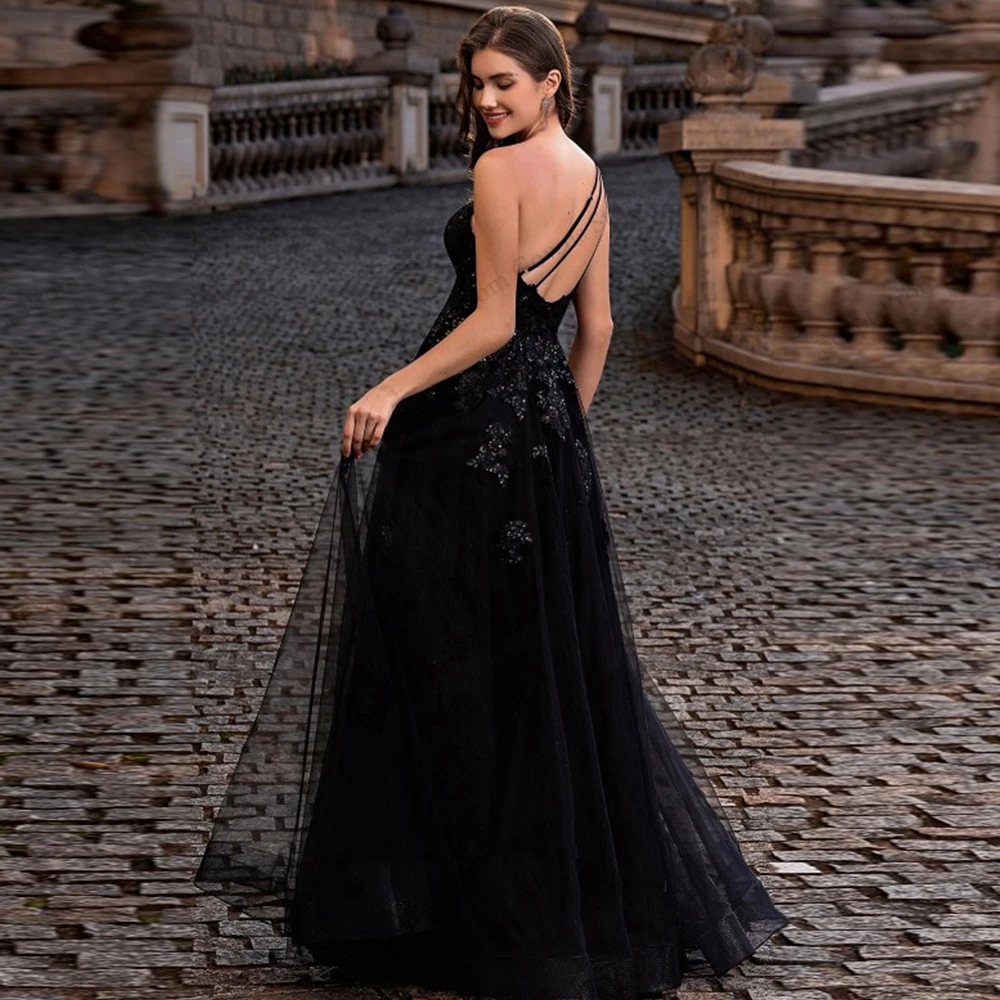 Black One Sleeve Evening Dresses for Women 2025 Customized Sleeveless Prom Gowns with Applique New Soft Tulle Robe De Soirée