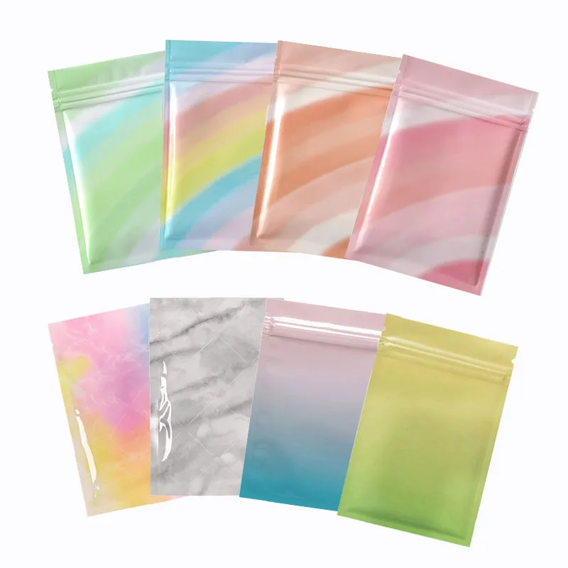 50Pcs Flat Glossy Rainbow Gradient Color Small Aluminum Foil Zip Lock Bag Candy Jewelry Snack Tea Heat Sealing Packaging Pouches