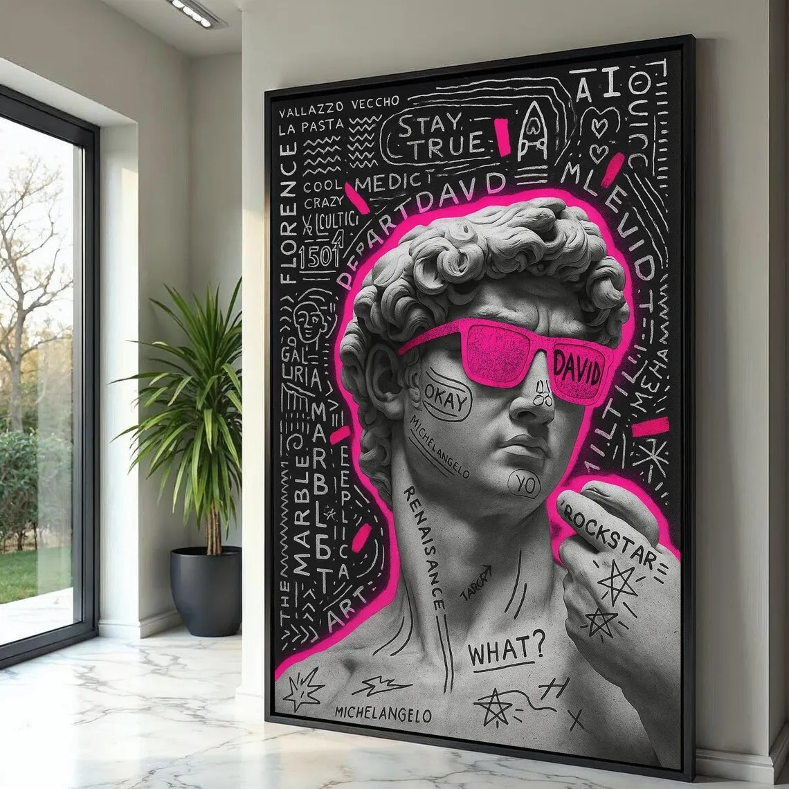 Modern David Statue Canvas Prints, Neon Pink Street Pop Art, Renaissance Sculpture Canvas Painting, Urban Home Decoration