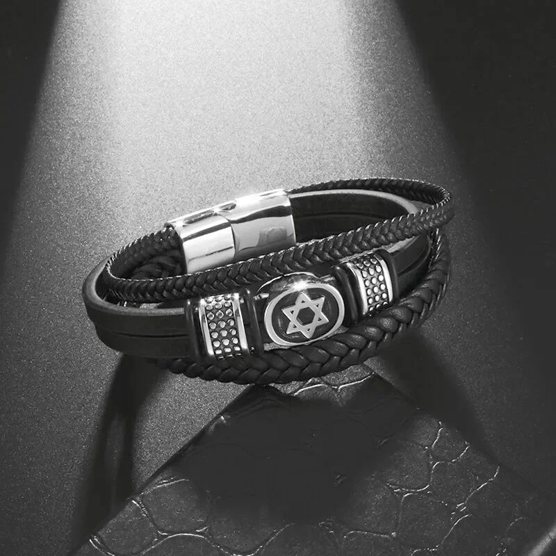 Classic Hand Woven Jewish Star of David Multi-Layered Leather Bracelet Israeli Men's Fashion Charm Wrist Jewelry