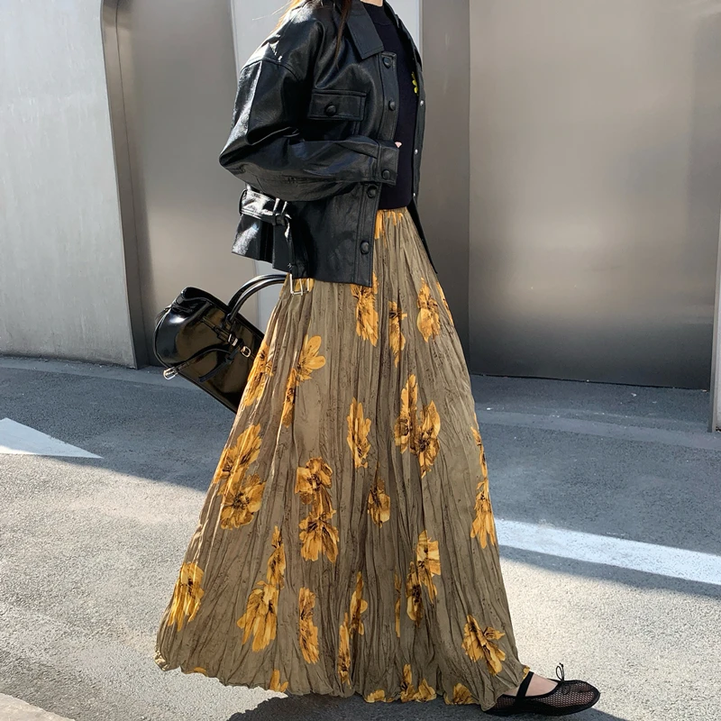 Retro Forest System Loose Long Skirt Women's High Waist Pleated City Commute Polyester Fiber Yellow Flower Atmosphere Skirt