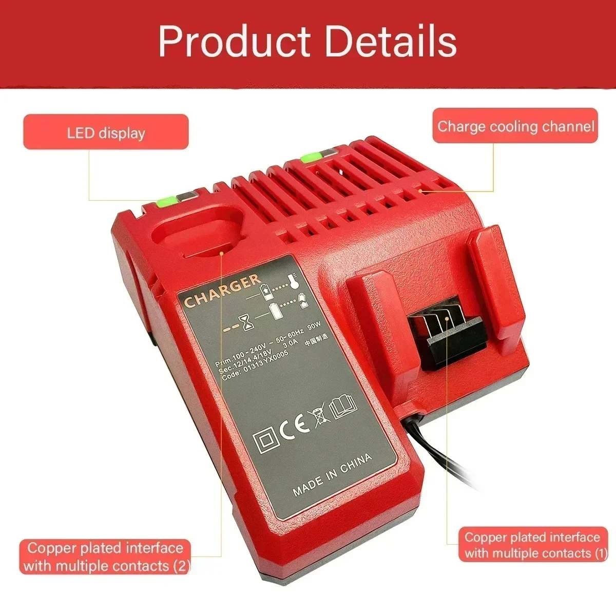 Battery Charger for Milwaukee M-12-18/N14-18 Dual Port Charging 12V-18V 3A Rapid Charger US/EU/ AU/UK Plug with LED Indicator