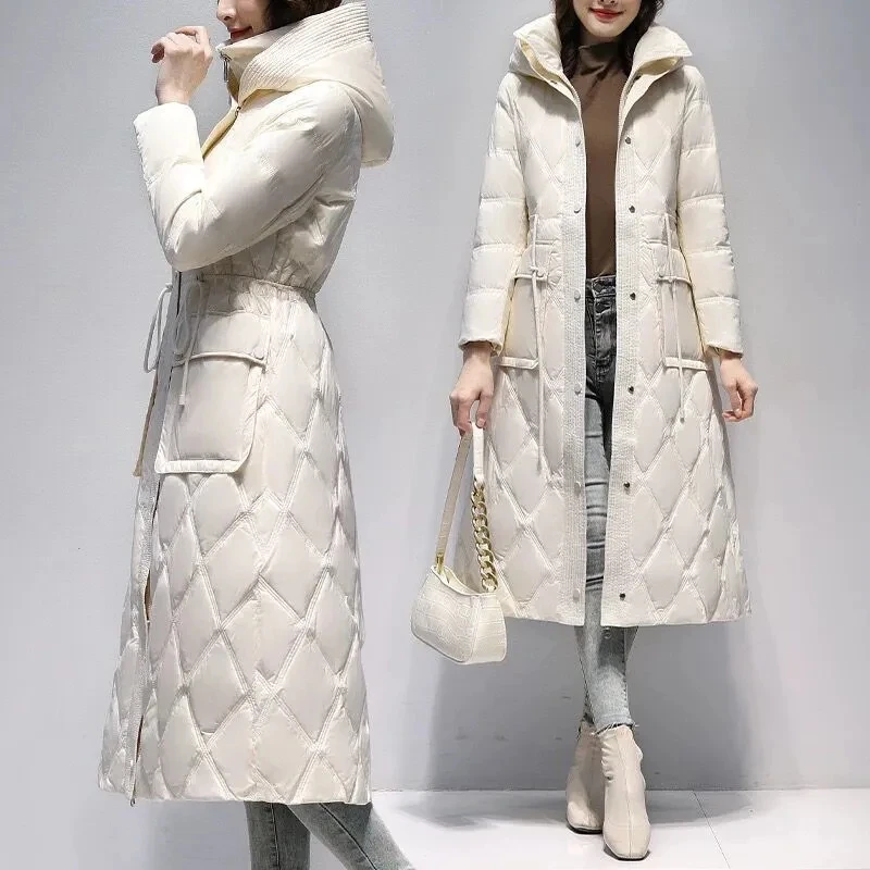 High-end Fashion Down Jacket Women Winter 2022 New Korean Slim White Duck Down Coat Female Large size Thick Long Hooded Parkas