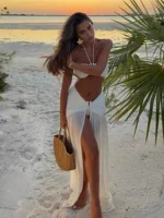 Halter Neck 3 Piece Bikini Set with Sheer Split Maxi Skirt Sexy White Summer Beach Dress Vacations Outfits Pool Party Wear K236 - Image 2