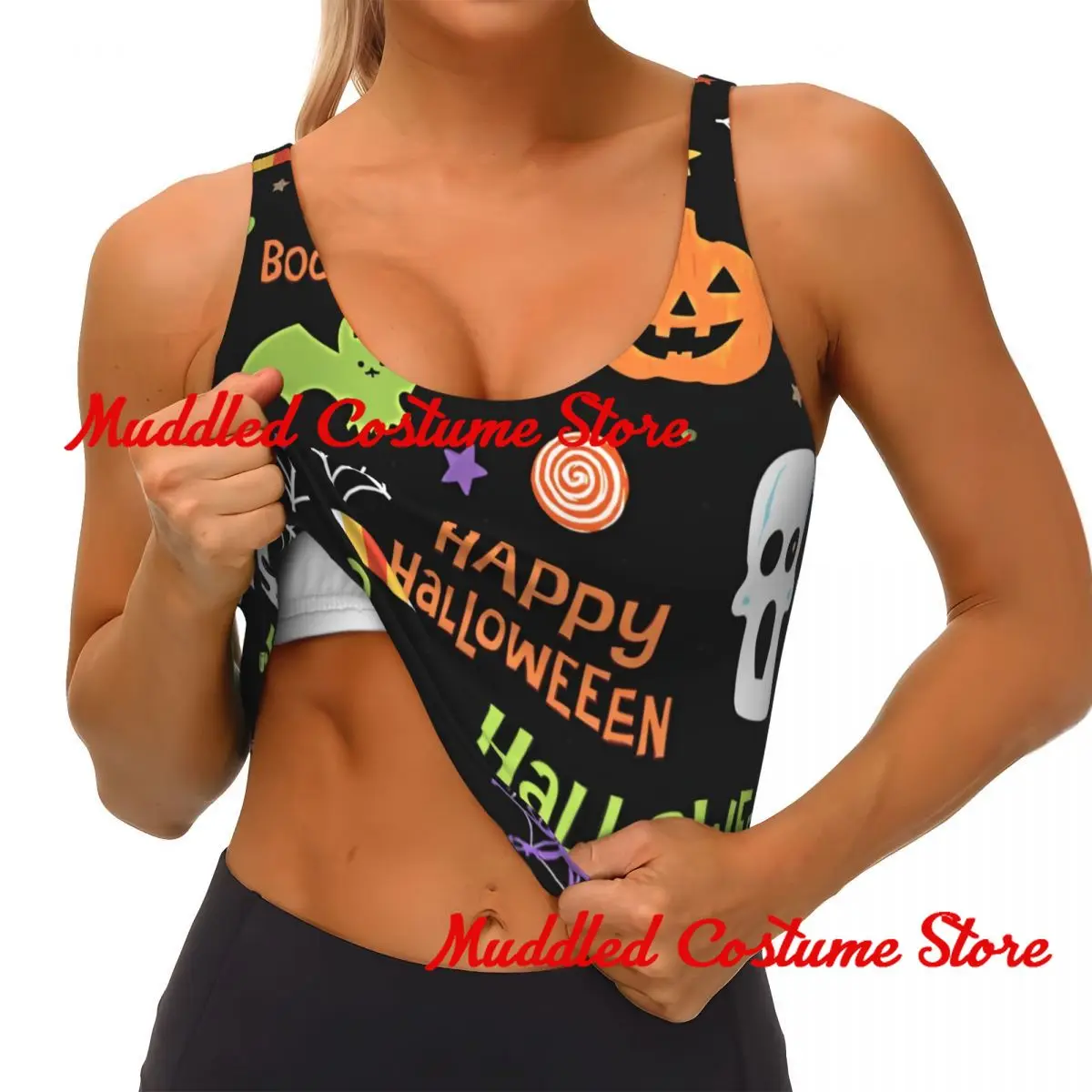 ハロウィンイラスト スポーツブラ 女性用 ヨガ ジム ランニング ポリエステル スパンデックス混紡 通気性 耐衝撃性 カワイイ パンクスタイル