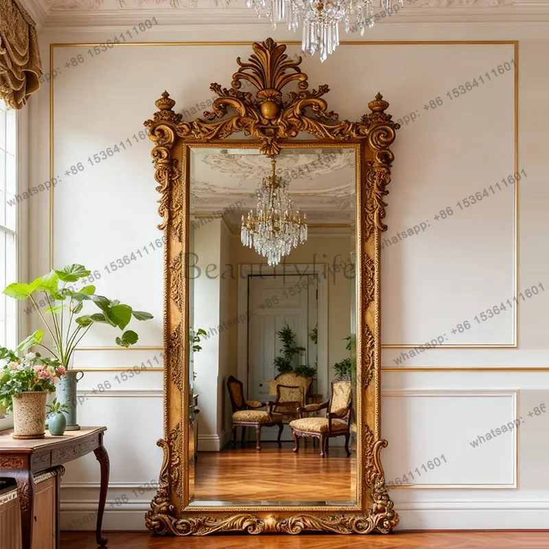 French Dressing Retro Home Carved Floor Mirror Living Room Advanced Feeling Against the Wall Full Body Fitting Mirror
