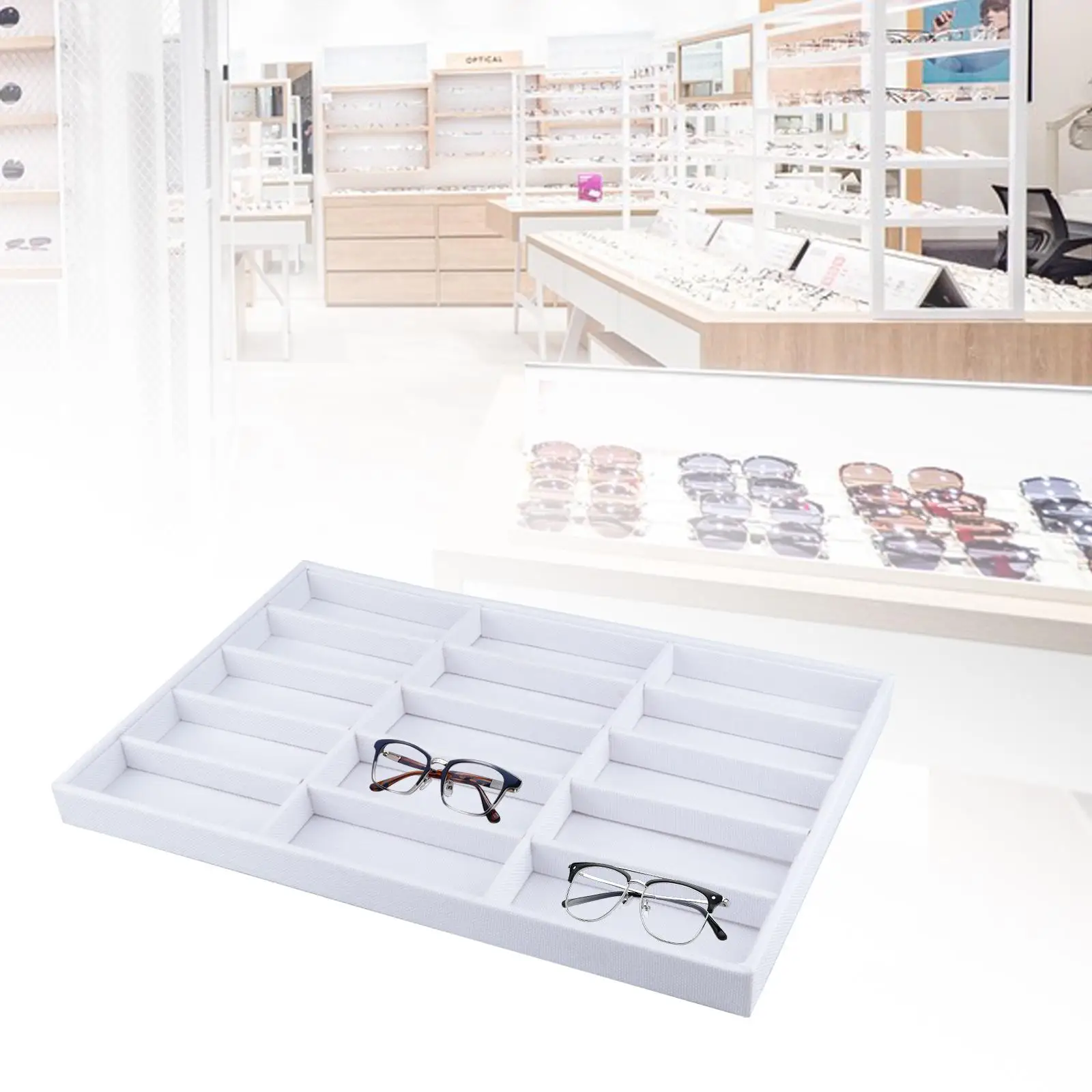 

Поднос для дисплея очков, ящик для хранения очков, декор, 15-слотовый органайзер для солнцезащитных очков, органайзер для ювелирных изделий для магазина, спальни, квартиры