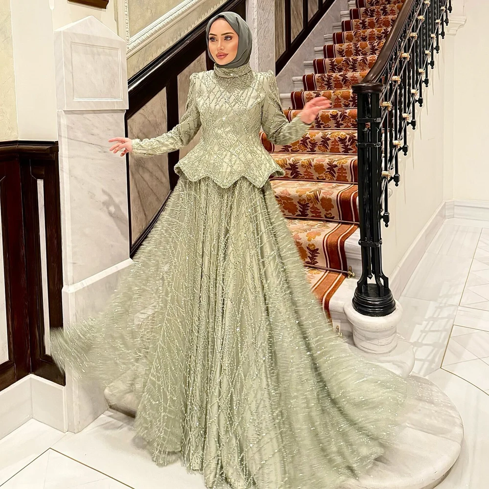 

Customized Glitter Sequin Abiye Evening Dress Green A Line Hijab Formal Evening Gown High Neck Long Sleeve Soiree Peplum Dresses