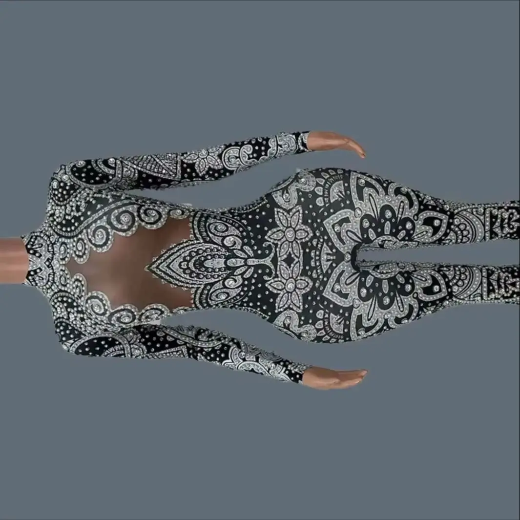 

Pearls Rhinestone Sparkly Tight Fitting Jumpsuit Spandex Elastic Stage Performance Wear Event Party Dance Sexy Outfit Heikuihua