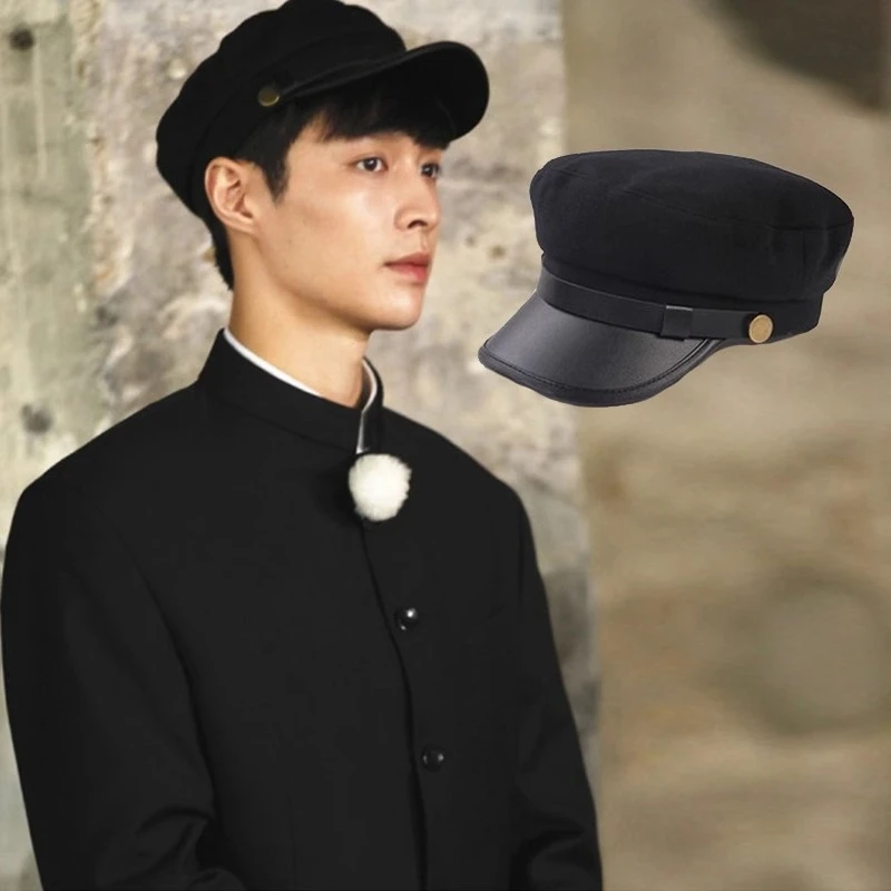 

Hat for Zhongshan Suit ,May Fourth Youth Suit Flat Top Hats Men and Women Stage Cap Black