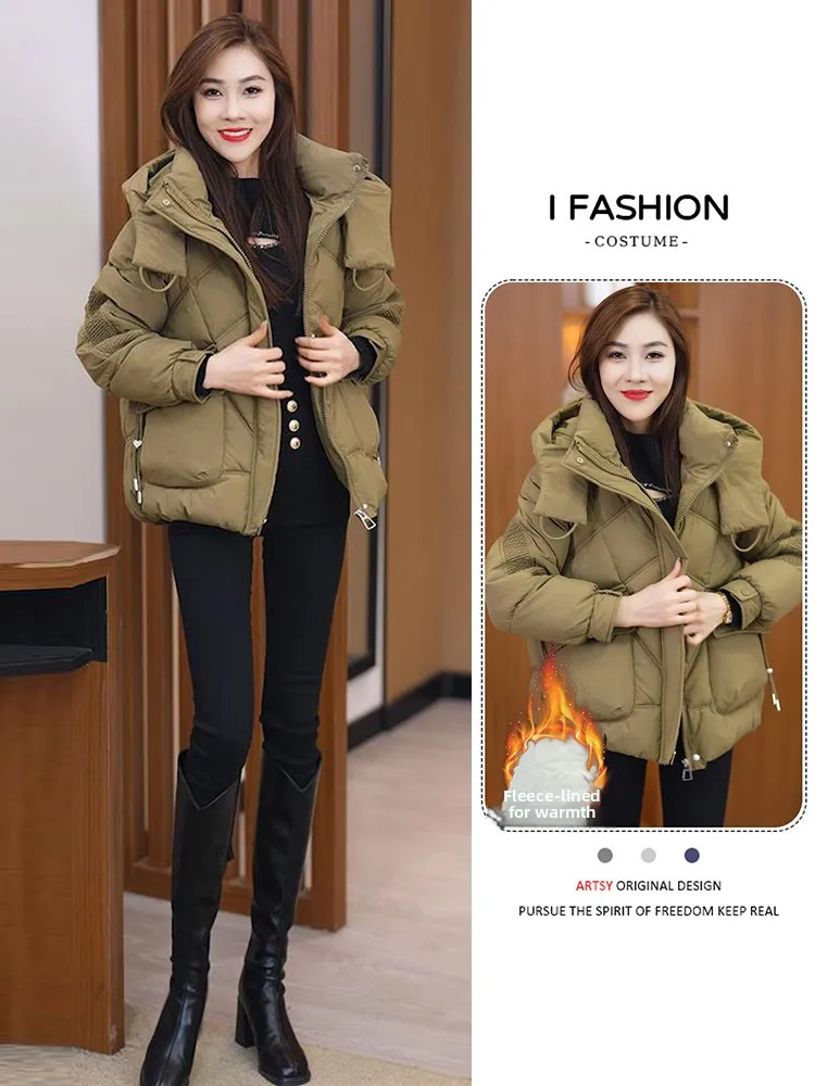 

Korean Sle Casual Thiened Fce Women's Cotton Jaet Loose Fit Winter Faion Outerwear ort Sve Zipper Closure