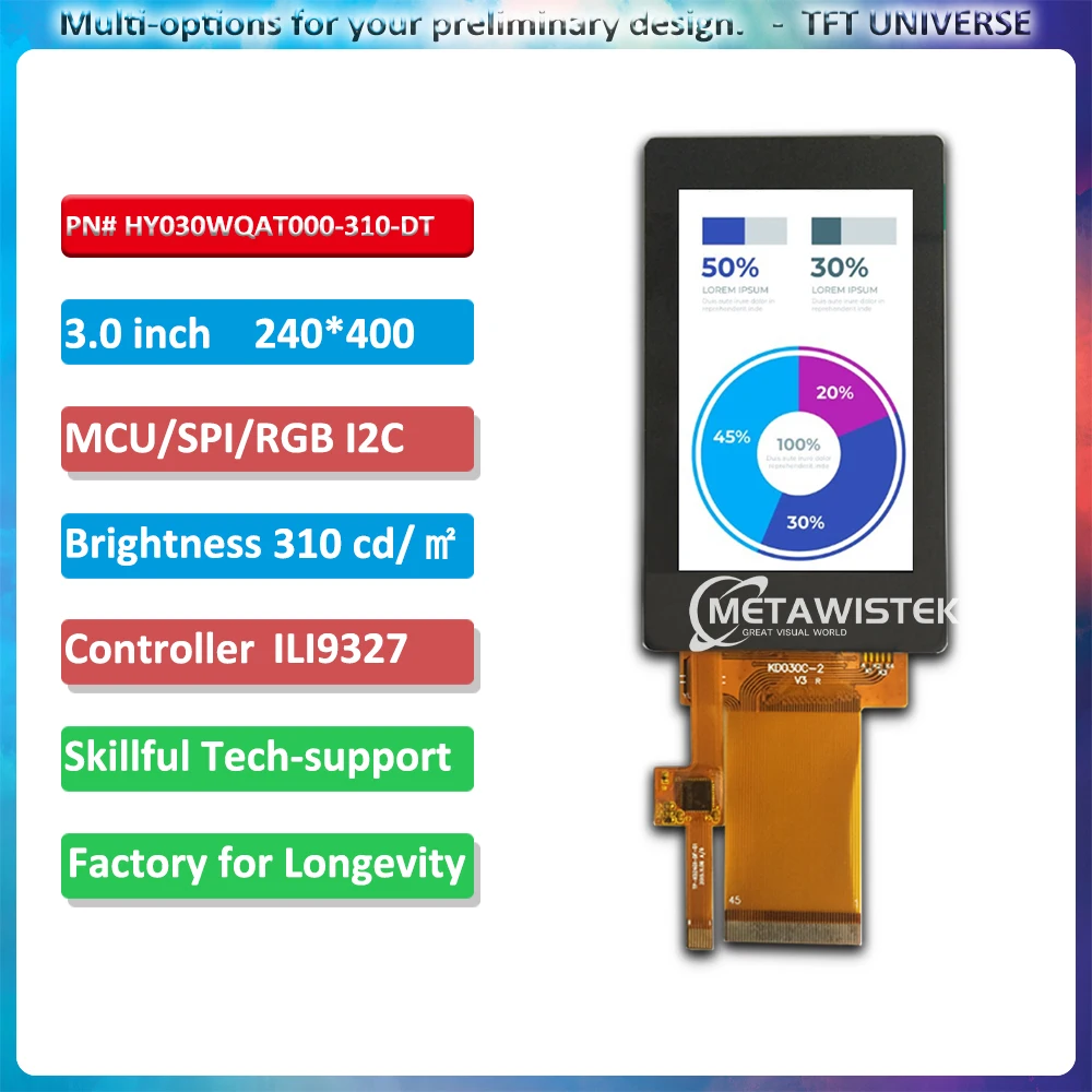 3inch 240x400 TFT LCD 310nits Brightness MCU/SPI/RGB I2C 6H viewing angle FT6236 Touch for Medical and Consumer Electronics