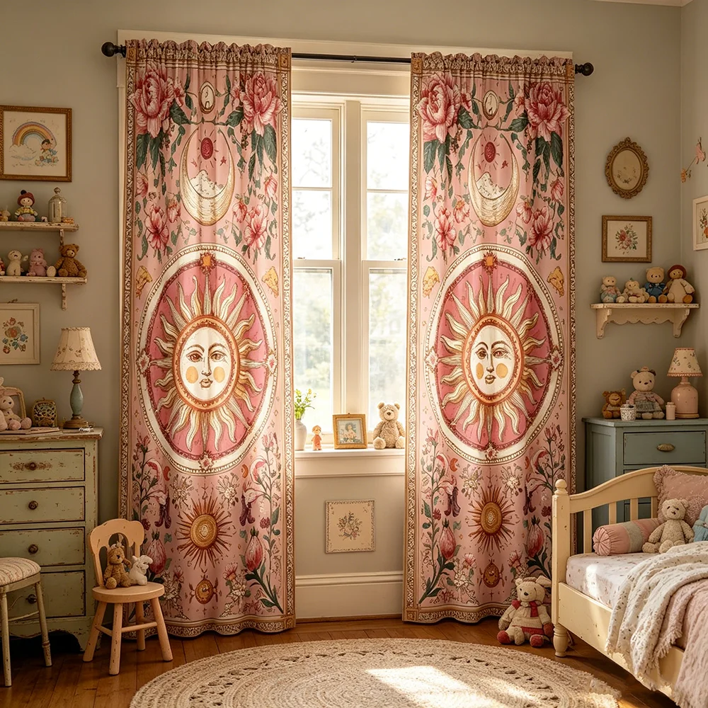 2PCS Digital Printed Curtains, Sun Moon Floral Pattern, Boho Celestial Style for Living Room Bedroom Apartment Home Decor