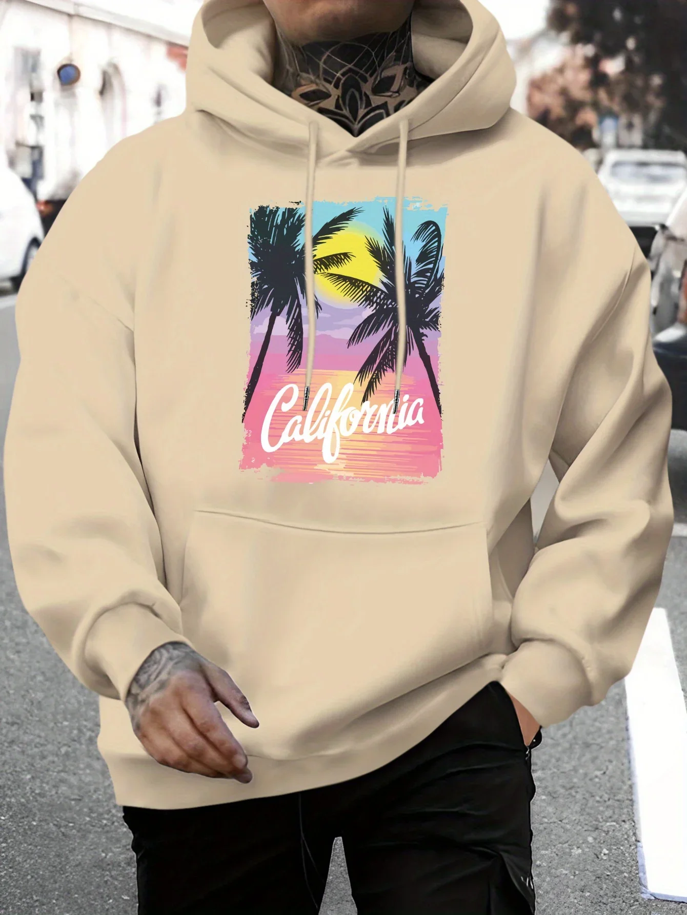Men Street Hoodie Retro California Sunset Palm Beach Distressed Frame Front Print Hip‑hop Loose Fleece Pullover Sweatshirt