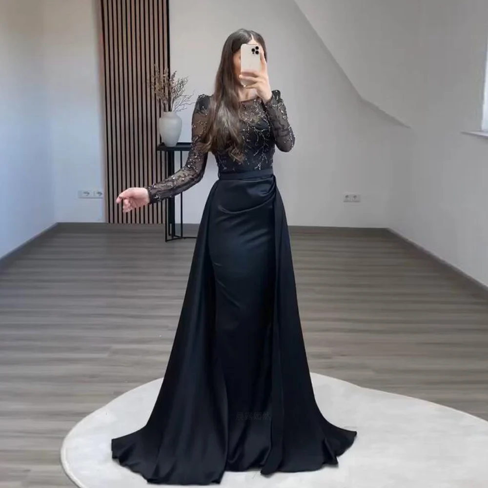 Customized Black Prom Dresses 2025 Women O-Neck Full Sleeves Evening Gowns Dubai Arabia Split Mermaid Elegant Formal Party Dress