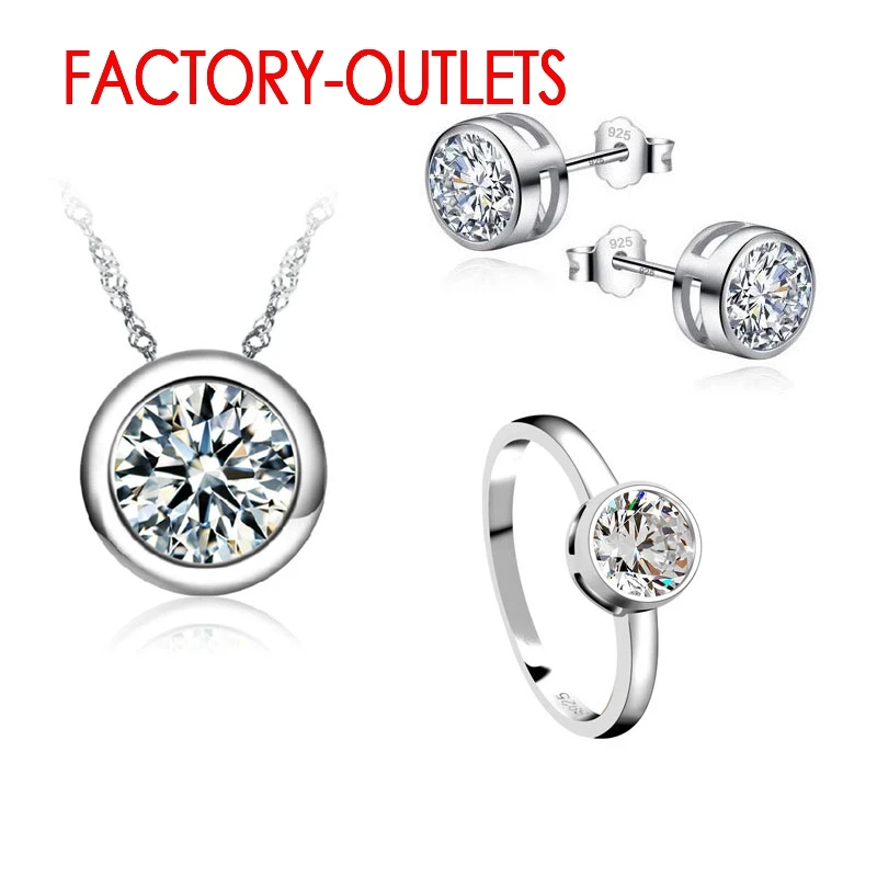 Real 925 Sterling Silver Bridal Jewelry Sets Fashion Jewelry CZ Cubic Zirconia Bezel Setting Women Girls Engagement Anniversary