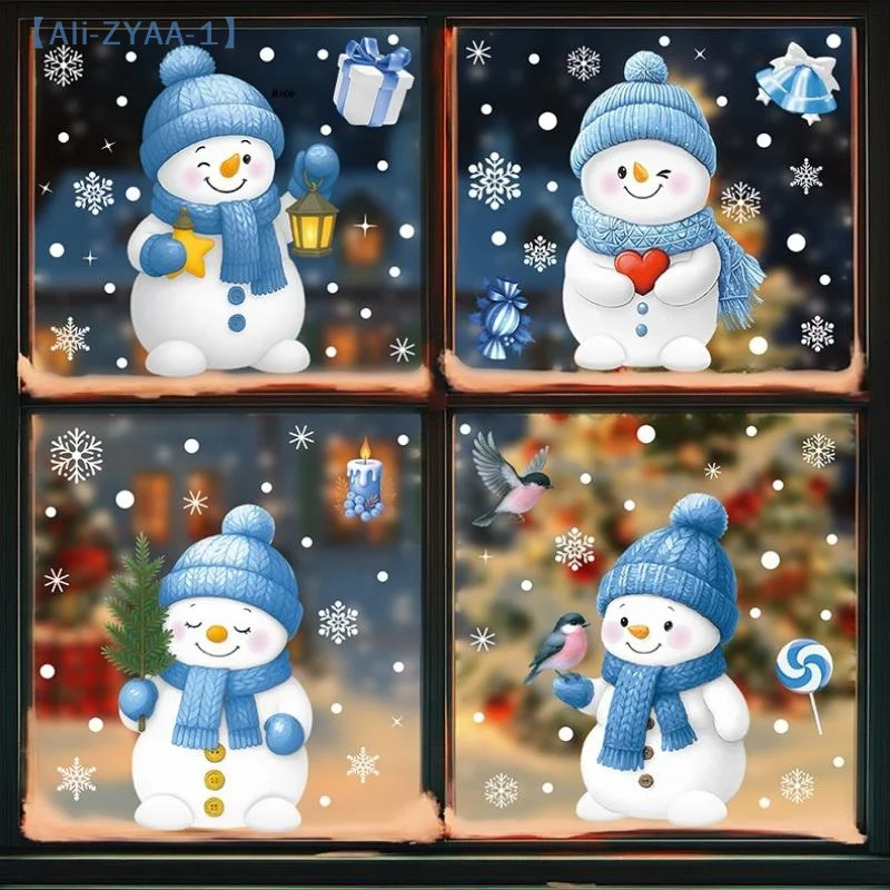 【ZYAA-1】Santa Claus Stickers Blue Snowman Window Decorations Glass Static Stickers Christmas Decor Snowflake Window Stickers