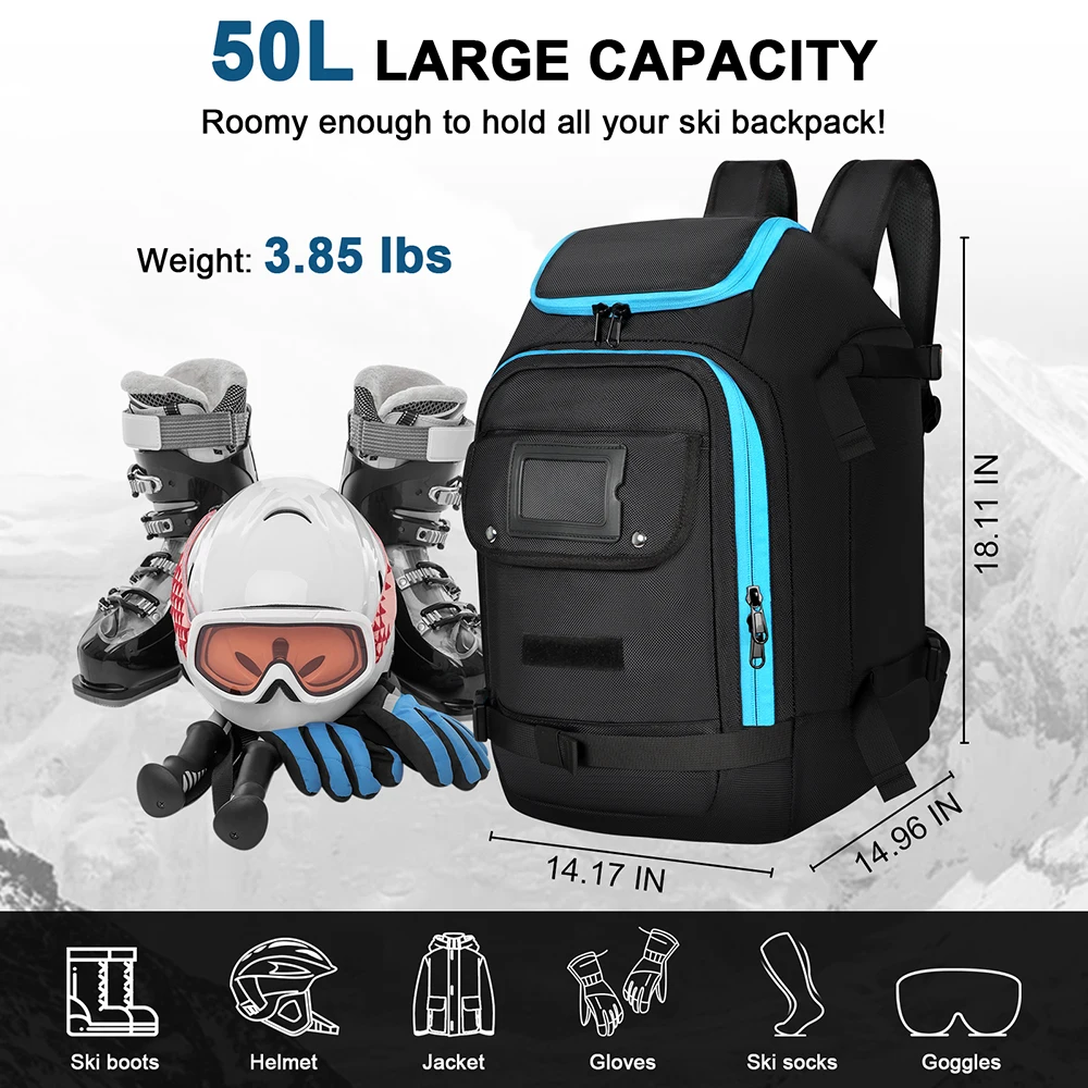 Travel Ski Boot Bag Backpack 50L Large Capacity Waterproof for Snowboard Boots Helmet Goggles Hang Skis Dry Wet Separation