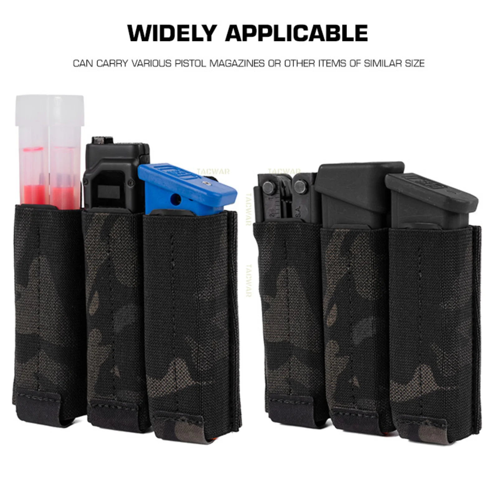 Elastic Triple 9mm Pistol Magazine Pouch, Airsoft Hunting Shooting MOLLE Mag Holster for Flashlight Torch Holder EDC