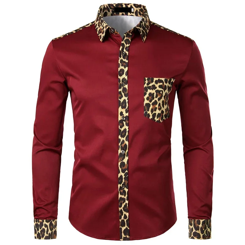 Nueva camisa con estampado de leopardo de retazos para hombre con bolsillos, camisa formal para hombre, camisa de manga larga con botones de marca a la moda para hombre