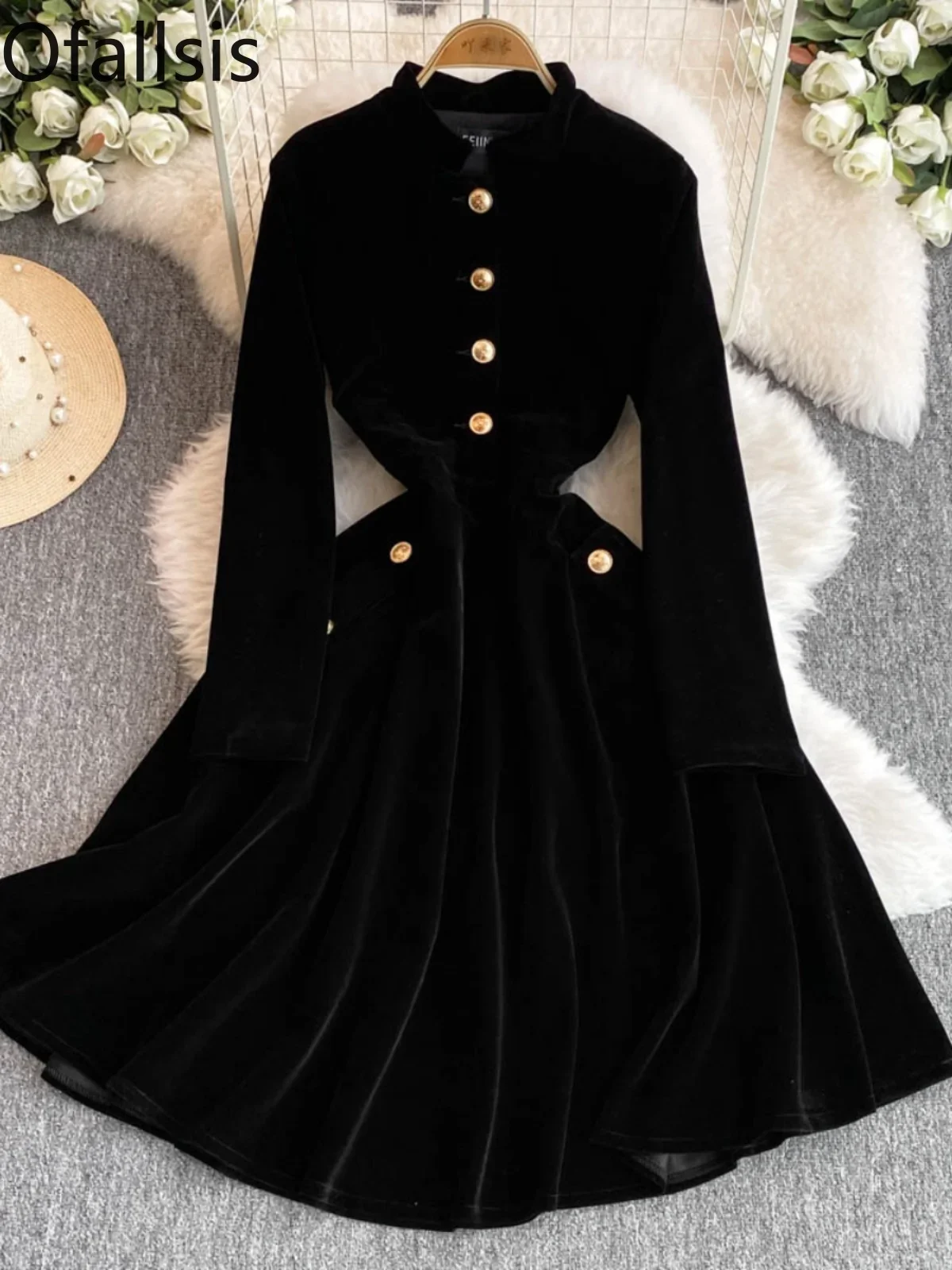 Ofallsis French Style Black Gold Velvet Dress 2024 New Women's Autumn Winter High end Temperament Waist Cinched Evening Dresses