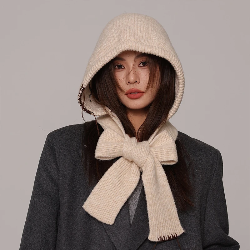 Winter Warm Soft Knitted Hat Shawl Women\'s 2-in-1 Caps Thicken Earmuff Hood Scarf High Quality Designer Warm Pullover Snood Hat