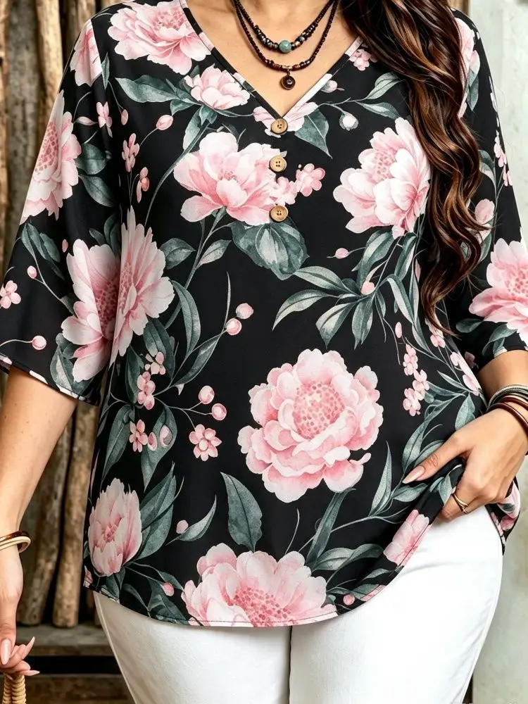 Plus Size Women Floral Ethnic Print Blouse Notch V Neck 3/4 Sleeve Partial Button Loose Casual Vacation Shirt