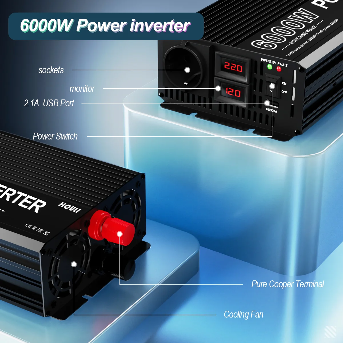 Inversor onda pura convertidor de corriente coche 12v 220v enchufe europeo 6000W dc to ac converter