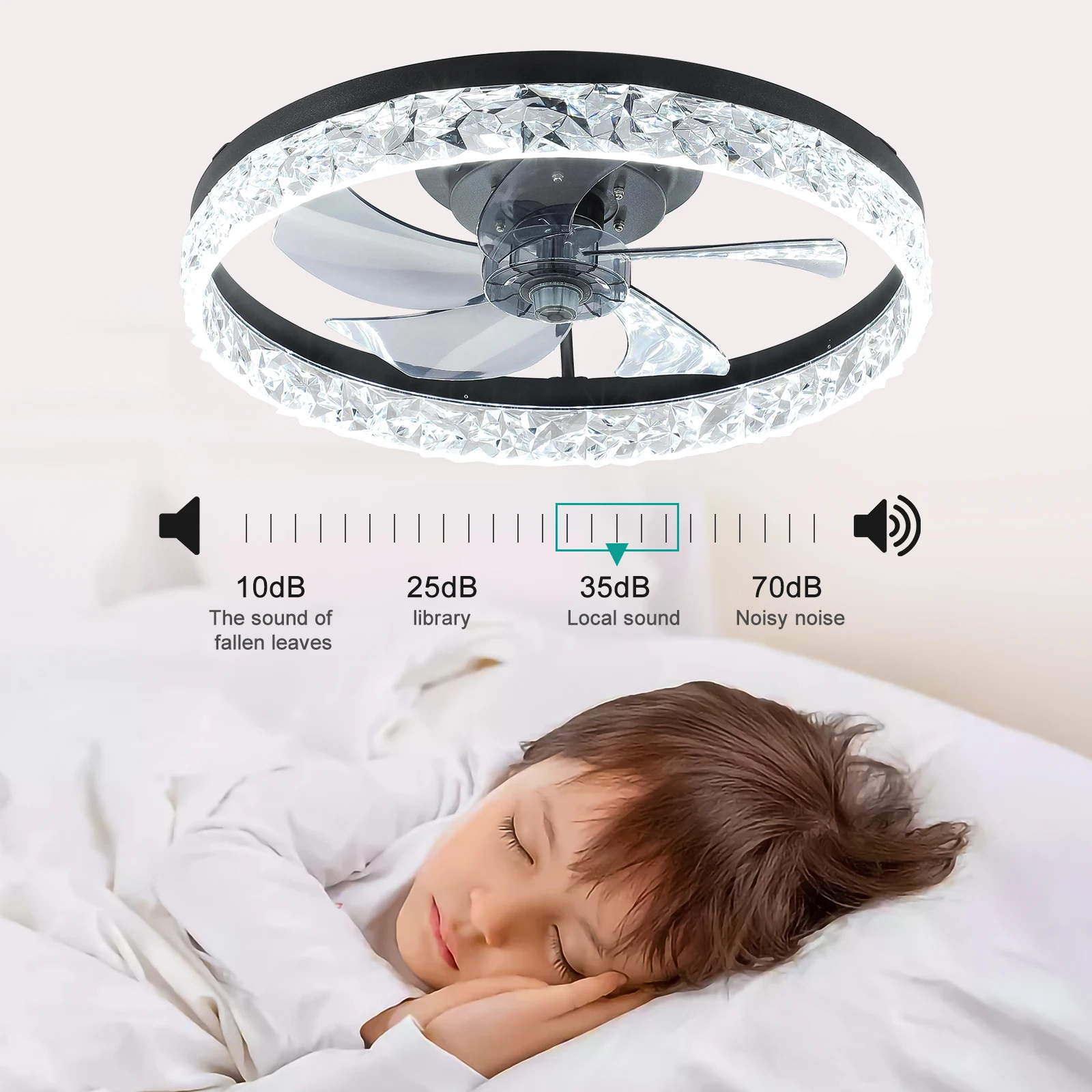 Modern acrylic black ceiling fan light with remote control, dimmable LED pendant light, 6-speed adjustable, silent motor