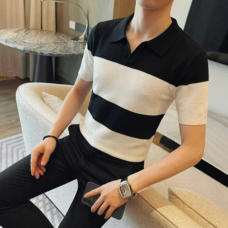 

Summer Striped Jacquard Knitted Polo Shirt Men Ice Silk Stretch Comfortable Casual T-shirt Business Social V-NEACK Polo Shirts